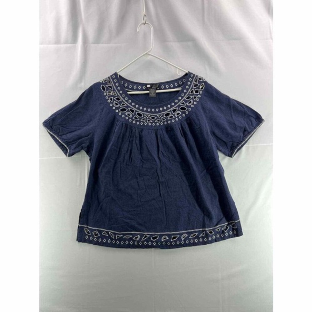 Carole Little Womens Shirt 1X Blue Short Sleeve Embroidered Geometric Collar Hem